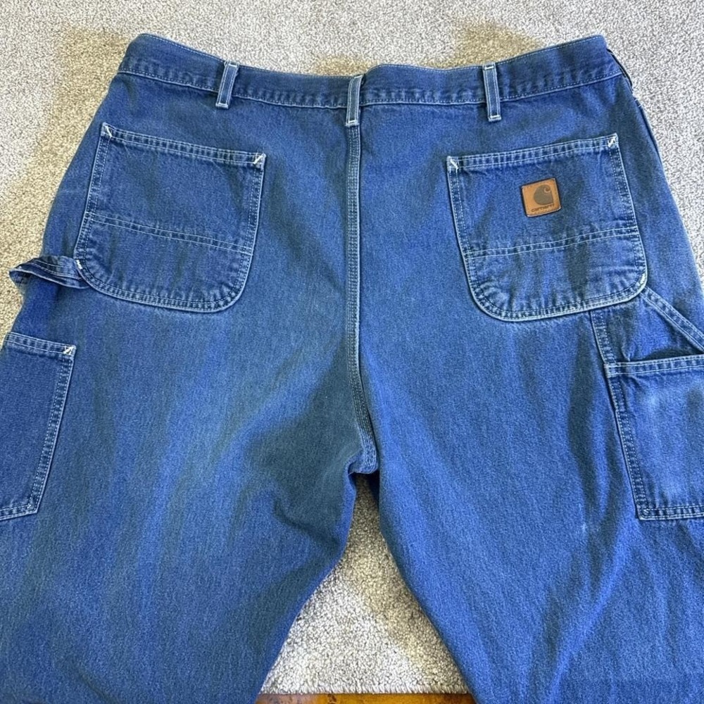 Carhartt Denim Carpenter Jeans 42x30 Workwear Blue Jeans Leather Patch - Picture 6 of 8